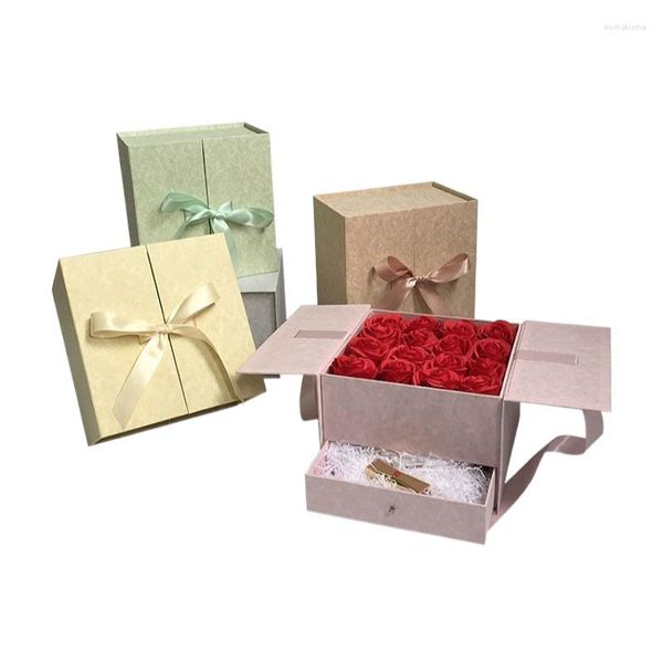 Confezione regalo Scatola di cartone a doppia porta con cassetto Nastro Fiocco Fiore Gioielli Cosmetici Regali Imballaggio di carta Cartone Festival di nozze