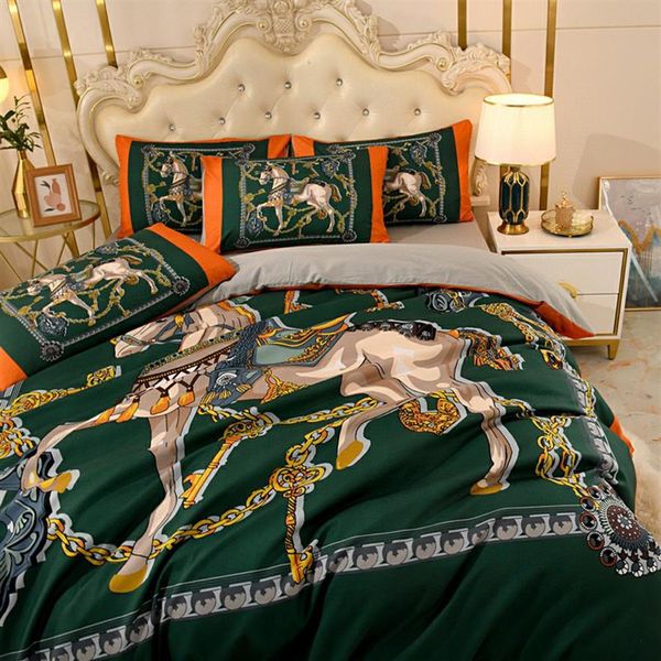 Luxuriöse orangefarbene King-Designer-Bettwäsche-Sets, Baumwolle, Pferd, bedruckt, Queen-Size-Bettbezug, Bettlaken, Mode, Kissenbezüge, Bettdecke, Set 302s