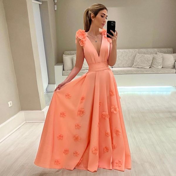 Vestidos de baile elegantes com faixa, decote em v profundo, vestidos de noite, apliques de flores, comprimento até o chão, vestido formal de cetim