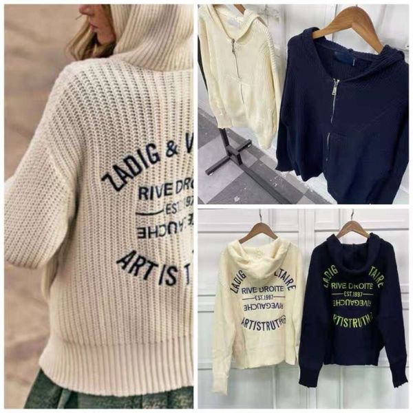 23SS ZADIG VOLTAIRE TASARIMI Kazak Paltolar Moda Hoodie Gevşek Klasik Çok Yönlü Mektup Nakış Fermuar Yün Örtü Hardigan Günlük Kapüşonlu Kadın Kazak