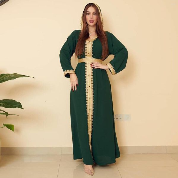 Roupas étnicas Mulheres Com Capuz Robe Linho Gold Lace Bordado Muçulmano 2023 Abaya Vestido Grande Roupas de Balanço para Mulheres