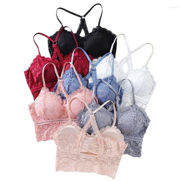 Camisoles Tanks Spitze Schönheit Zurück Bh Top Frauen Crop Dessous Sexy Bralette Drahtlose Unterwäsche Mode Tops Gepolsterte Leibchen