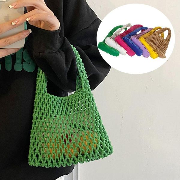 Einkaufstaschen häkeln handgestrickte Tasche Macaron Farbe Baumwollseil aushöhlen Handtasche Stroh Korea Strand gewebtes Fischnetz