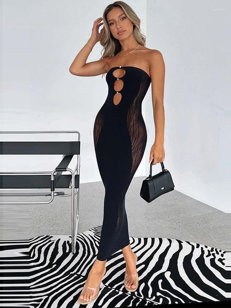 Vestidos casuais 2023 laço preto sexy festa mulheres joelho comprimento magro buraco oco out backless tubo sem alças sem mangas verão