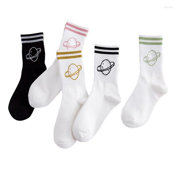 Damensocken, 5 Paar, koreanische einfarbige Socken mit zwei Streifen, gestreift, niedlich, bequem, atmungsaktiv, Baumwolle, Silber auf der Röhre