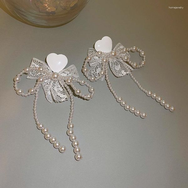 Orecchini pendenti Perle d'imitazione coreane Fiocco a cuore Goccia per donna Ragazza Accessori per gioielli di moda vintage eleganti in pizzo Bowknot