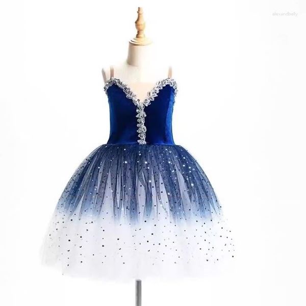 Abbigliamento da palcoscenico Costume da balletto blu reale Abito da principessa Abbigliamento da ballo con gonna di garza gonfia con gradiente di prestazioni per ragazze lunghe di fascia alta