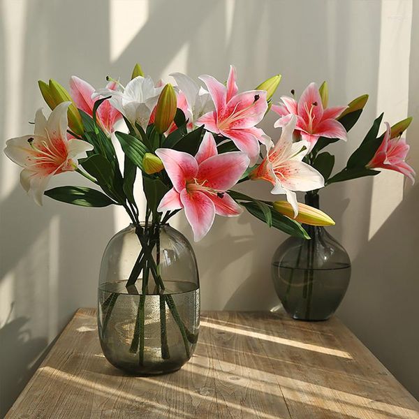 Декоративные цветы, искусственный цветок, 2 головки, весенняя лилия, увлажняющий шелковый свадебный домашний декор, композиция для гостиной, настоящее прикосновение