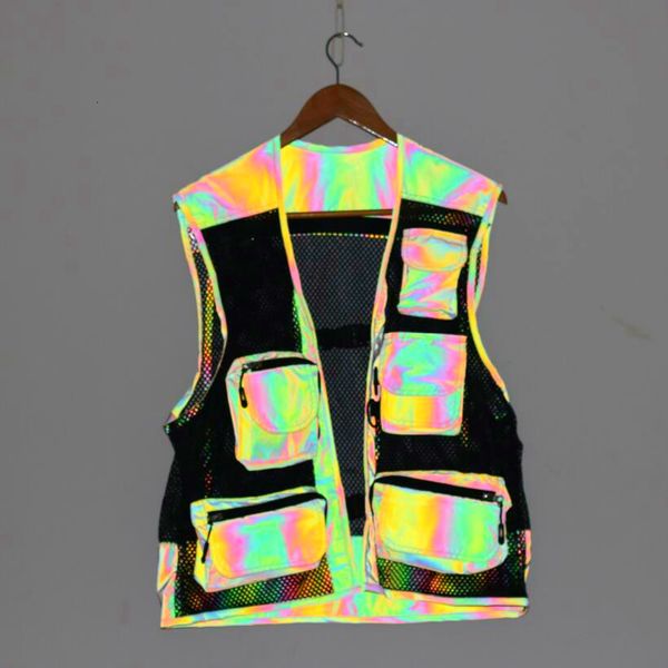 Gilet da uomo Techwear Colore arcobaleno Hip Hop Gilet riflettente Mesh Multitasche Giacca senza maniche Gilet da pesca Pographer da uomo Gilet 230914