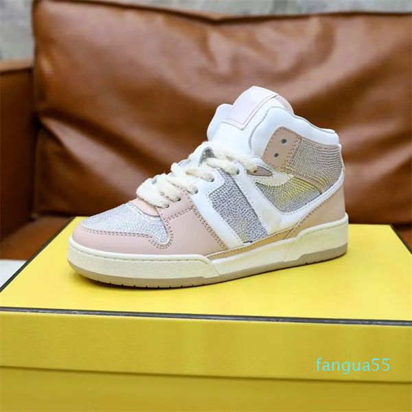 2023-Casual Sapatos Mulheres Treinadores de Couro Combine Strass de Couro Branco High Top Sneakers Designer de Luxo Lace-up Mid Cut Plataforma Confortável