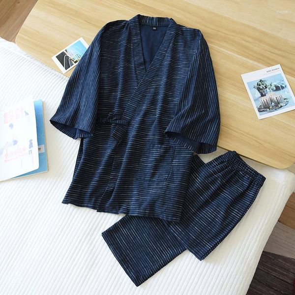 Мужская одежда для сна, летний хлопковый халат, комплект из двух предметов, весенне-осеннее кимоно с короткими рукавами, тонкие брюки, пижамные халаты