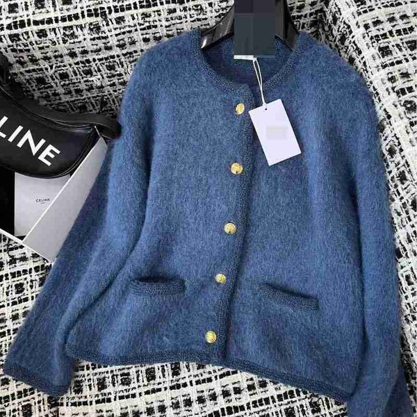 Jaquetas femininas designer outono inverno novo high end womens casaco de lã azul preguiçoso macio ceroso mohair cardigan 5izg