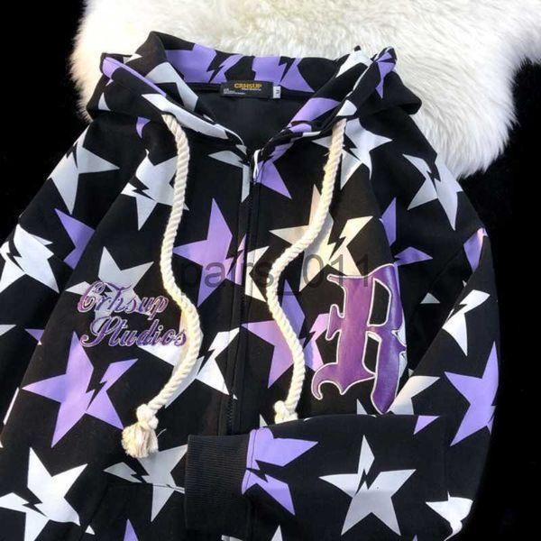 Moletom com capuz masculino moletom com capuz masculino hip hop roxo estrela pontiaguda estampa completa com zíper cardigan escuro goth y2k roupas soltas moletom grande ha