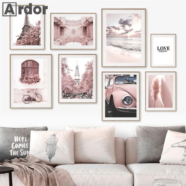 Pink Reed Flower Tower Paris Car Beach Wall Art Canvas Painting Nordic Poster e stampe Immagini per soggiorno Home Decor L01