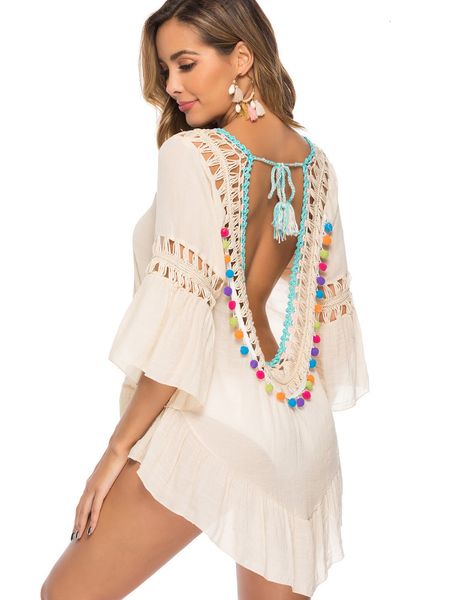 Roupa de banho feminina maiô praia cobrir renda borla bikini beachwear sheer maiô coverups 230914