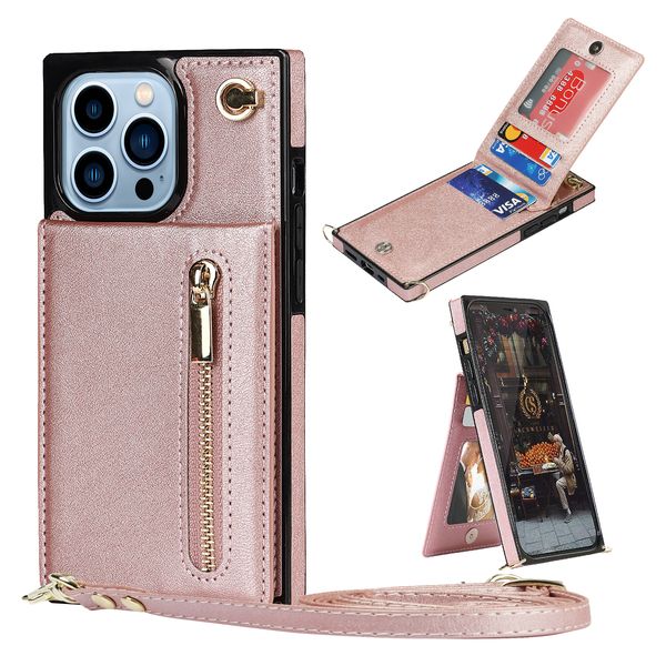 Cross-Body Strap Leder Reißverschluss Geldbörse Portemonnaie Hülle für iPhone 15 Pro Max 14 13 12 11 XR XS X 8 7 Folio Kartenhalter Kickstand Cover