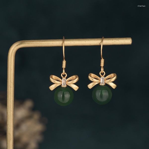 Brincos pendurados verde jade gravata borboleta designer feminino vintage joias amuletos naturais chineses 925 acessórios de prata presentes de pedra