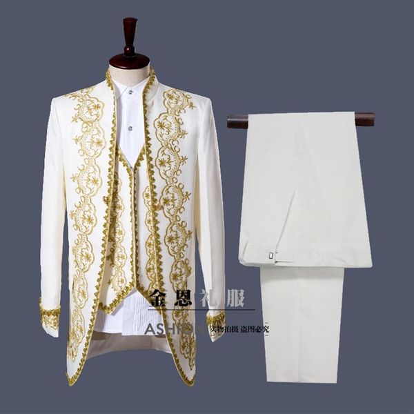 Estilo ouro branco bordado masculino smoking clássico padrinhos de casamento terno calças colete branco preto fotos reais2575