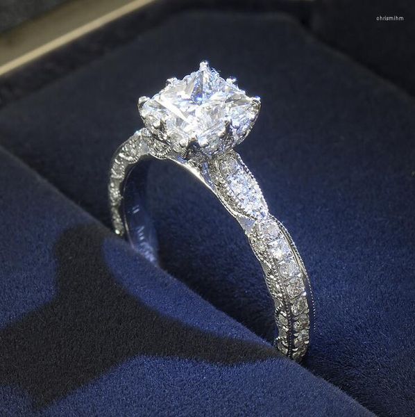 Anéis de cluster 1ct jóias de luxo princesa corte 925 prata esterlina solitaire 5a cz pedras casamento noivado personalizado mulheres banda anel tamanho 4-11