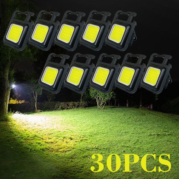 2-30pc mini lanterna usb recarregável cob luz de trabalho led chaveiros para acampamento de emergência ao ar livre saca-rolhas pesca