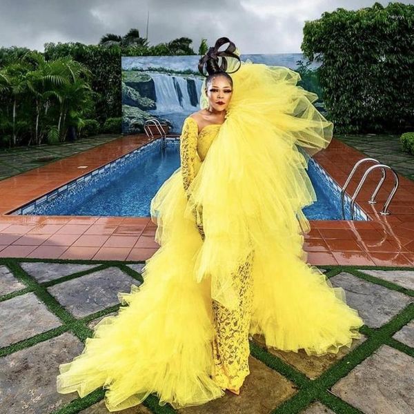 Vestidos casuais chique laço amarelo sereia evento formal com babados tule destacável trem inchado malha longa mulheres vestido aniversário