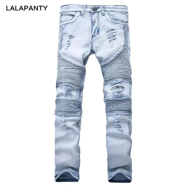 LALAPANTY Kleidung Jeans slp Blau Schwarz Destroyed Herren Slim Denim Straight Biker Skinny Jeans Herren Zerrissene Jeans Hosen2481