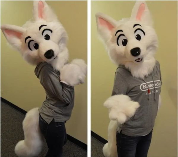 Mascote cinza husky cão fursuit fullsuit trajes adolescentes criança terno peludo completo furries anime digitigrade traje pernas dobradas anjo dragão