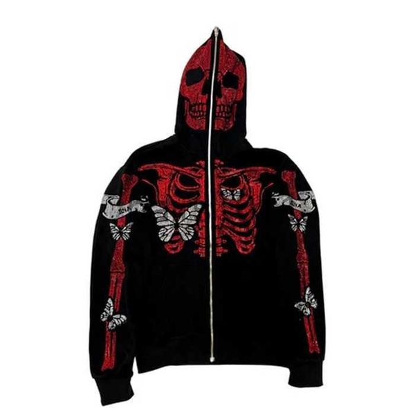 Herren Hoodies Sweatshirts Heißer Verkauf Strass Skelett Schmetterling Zip Hoodie Grunge Harajuku Weibliche Streetwear Zip Up Übergroße Kleidung Vintage Top Jacke Punk x091