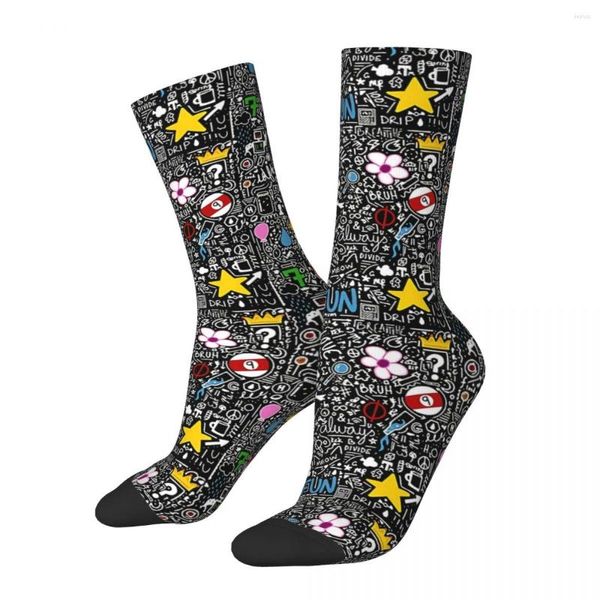 Calzini da uomo Happy Retro Doodle Design Pattern Crazy Unisex Art Harajuku Seamless stampato Divertente Crew Sock Regalo per ragazzi