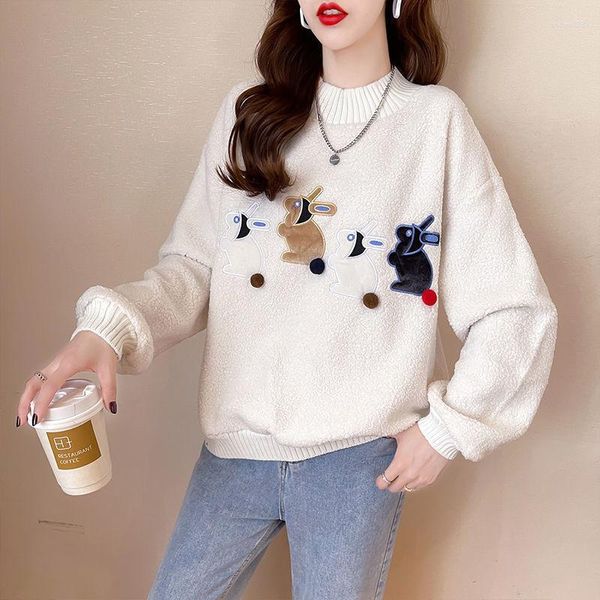 Damen Hoodies 2023 Herbst Winter Frauen Lammwolle Warme Sweatshirts Koreanische Niedliche Cartoon Stickerei Oansatz Pullover Weibliche Casual Sudaderas