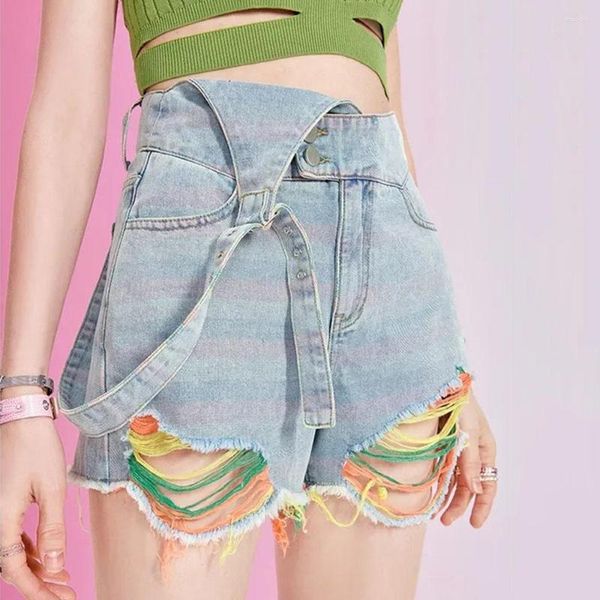 Shorts femininos 2023 verão multicolor rebarbas denim cintura alta com jeans perfurados doce e sexy meninas uma alça de ombro calças