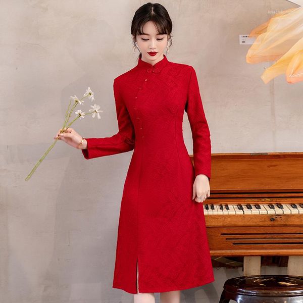 Этническая одежда Традиционное китайское платье Ципао для женщин с длинными рукавами Винтаж Улучшенный Cheongsam CNY