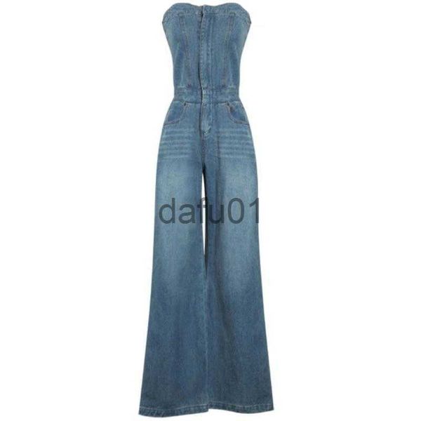 Jeans da donna Jeans da donna 2022 Salopette estiva a vita alta con gamba larga Donna senza spalline Senza maniche con spalle scoperte Tuta di jeans blu x0914