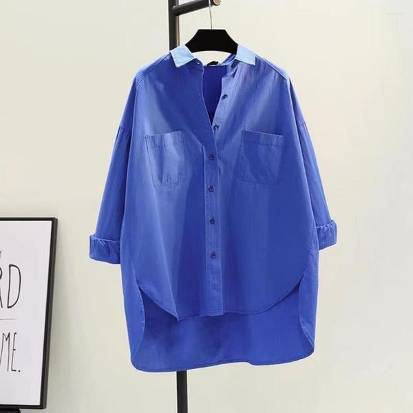 Camicette da donna Camicia casual con orlo alto e basso Camicetta elegante con risvolto Vestibilità ampia per top da donna alla moda primavera autunno