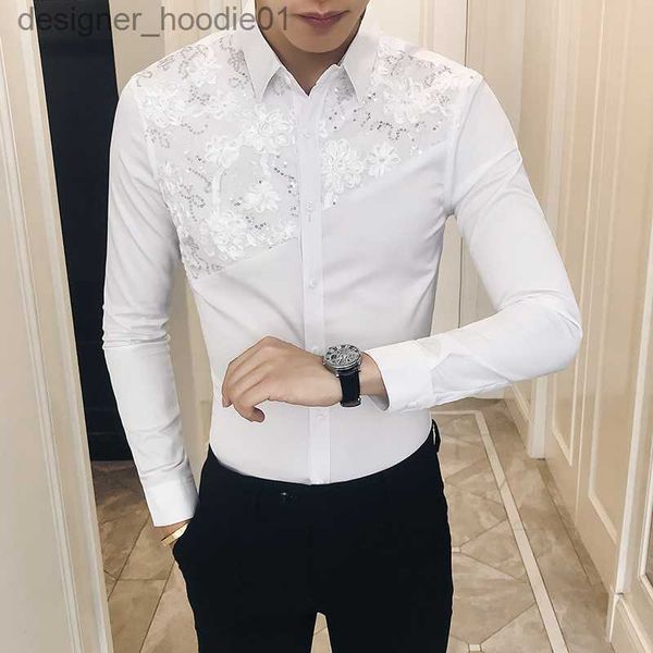 Ternos masculinos Blazers Qualidade Sexy Lace Patchwork Smoking Outono Novo 2018 Slim Fit Camisa Masculina Manga Longa Casual Night Club Party Dress Camisas Homens 3XL-M L230914