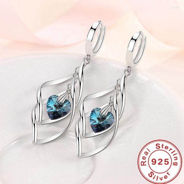 Orecchini a cerchio in argento sterling 925 con lunghi cristalli blu, amore per regali di gioielli con ciondoli di nozze da donna