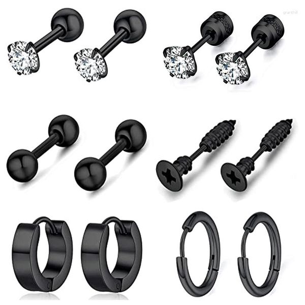 Ohrstecker WKOUD 6 Paare/1 Paar Runde Zirkon Schwarz Cool Edelstahl Creolen Hypoallergen Ohrring Set Männer Frauen