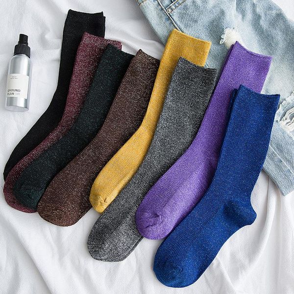 Damensocken, leuchtend, glitzernd, modisch, glitzernd, glänzend, süß, süß, golden, silberfarben, Frühling und Herbst, atmungsaktive Socken