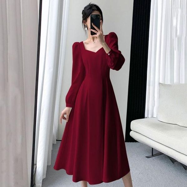 Sıradan Elbiseler Kadınların Düz Renkli Elbise 2023 Kore Moda Bahar Sonbahar V Yastık Zarif Oldukça Uzun Tek Parçalı Kadın Giyim Elbisesi