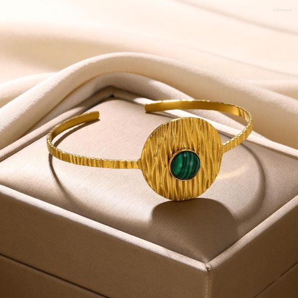 Armreif Naturstein Armband Für Frauen Vintage Edelstahl Schmuck Ästhetisch Niedlich Runde 18 Karat Gold Farbe Offene Armbänder Geschenk In