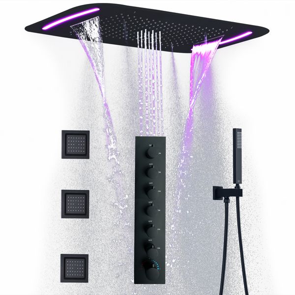 710*430 MM Decke Verdeckt montiert Wasserfall Regen Nebel Wassersäule LED Duschset Thermostat Mattschwarz Dusche