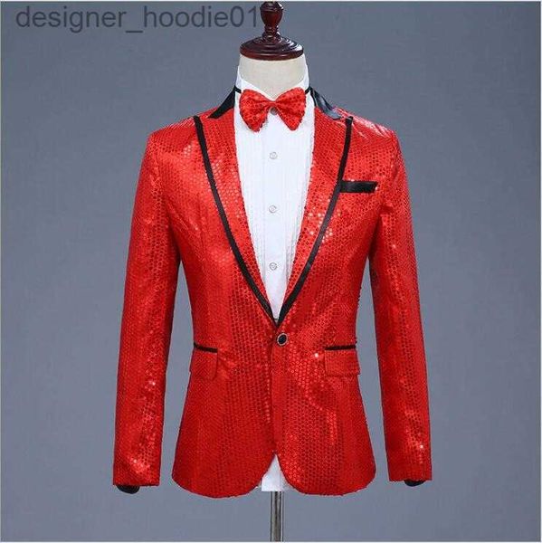 Abiti da uomo Blazer Uomo Abiti con paillettes Blazer Sette colori Giacche per costumi Discoteca Abiti da cantante Cappotti Risvolto con visiera Costume da presentatore con un bottone per 210P L230914