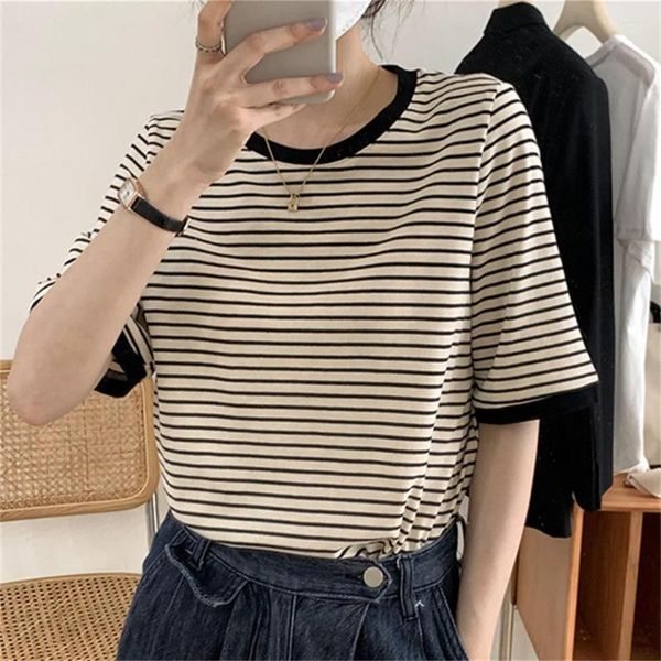 Mulheres Camisetas Plamtee S-XL Listras Camisetas Mulheres 2023 Casual Chic Meia Manga Solta Trabalho Desgaste Escritório Senhora Slim All Match Tees Tops