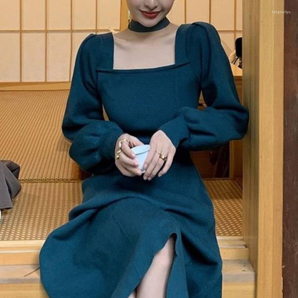 Vestidos casuais inverno vestido vintage mulheres 2023 manga longa elegante escritório malha feminina gola quadrada retro suéter uma peça coreana