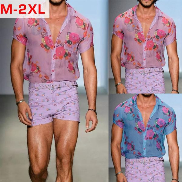 Camicie casual da uomo Mens Pink See Through Flower Lace Sheer Summer Sexy Camicia floreale trasparente Uomo Party Nightclub Chemise 222h