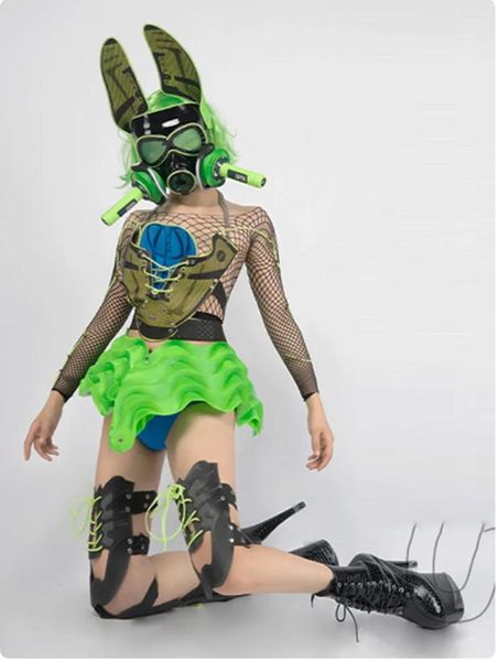 Sahne Giyim Floresan Şiddetli Cosplay Kostüm Rave Kıyafet LED Patlama geçirmez Maske Gece Kulübü Gogo Performansı
