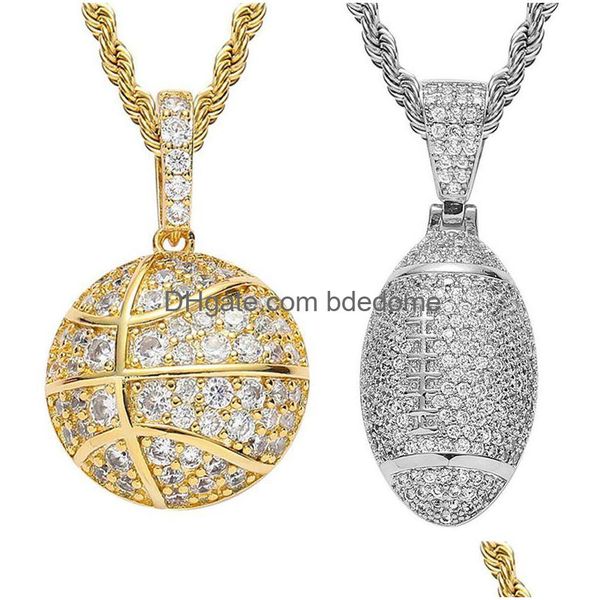 Outros conjuntos de jóias Bling 18k ouro cúbico zircônia colar de basquete 60cm cadeias de ouro conjunto de cobre diamante hip hop esporte futebol pend dhi6b