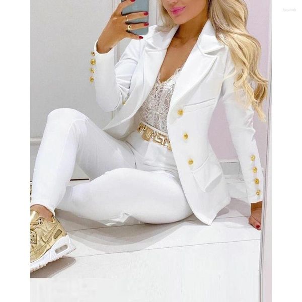 Damen Zweiteilige Hosen Frauen 2023 Herbstmode Reverskragen Zweireihiger Blazer Maßgeschneidertes Set Langarm Elegante Stücke Outfits S