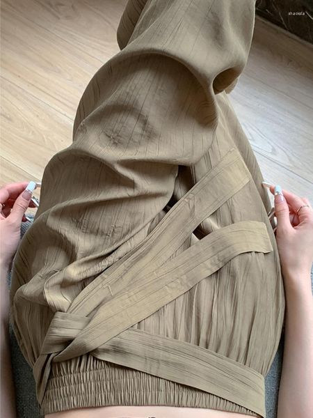 Calças femininas plissadas lace-up tecido de seda de gelo perna larga para mulheres 2023 verão y2k cintura alta elástico calças retas