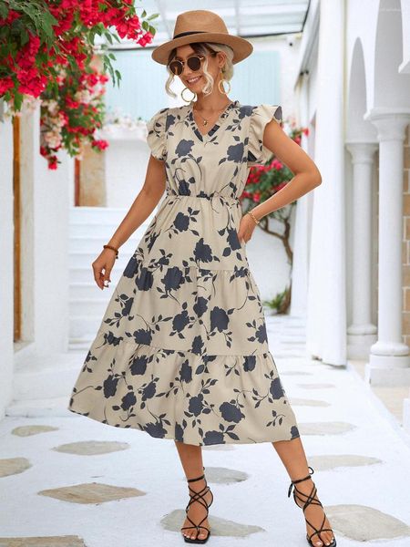 Lässige Kleider Chichaca Black Flower Print Apricot Sommer Fliegende Ärmel Frauen Strand Langes Kleid Elastische Taille Zurück Ärmelloses Vestido